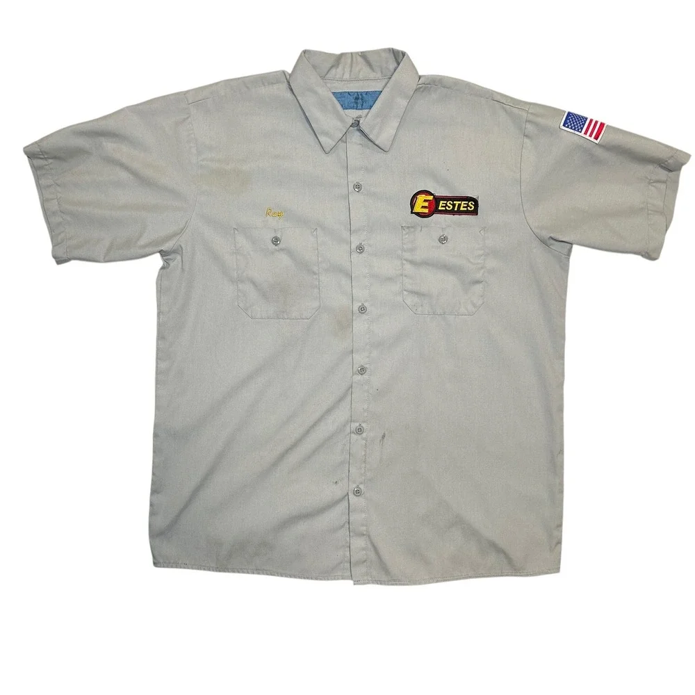 Vintage Mens ESTES Work Shirt Short Sleeve Gray Embroidered Ray American Flag